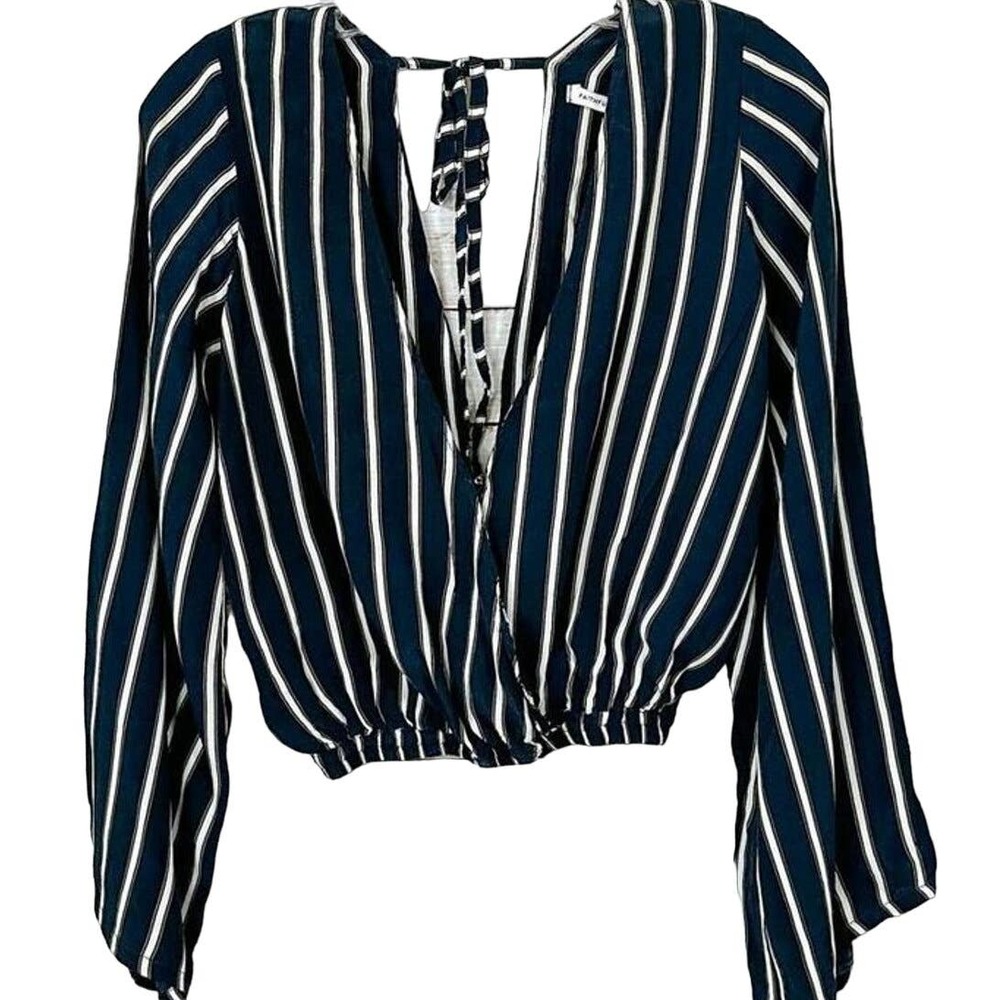 Faithfull The Brand Women's Striped Wrap Crop Top Blouse Black White Size Small